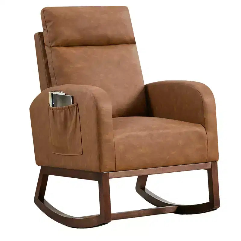 Upholstered Glider Rocker Chair with High Backrest & Wooden Legs, Comfy Nursery Rocking Accent Chair with Side Pocket for Living Room