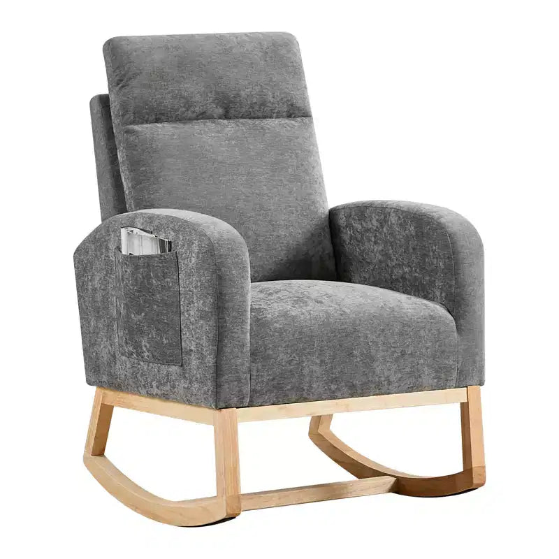 Upholstered Glider Rocker Chair with High Backrest & Wooden Legs, Comfy Nursery Rocking Accent Chair with Side Pocket for Living Room
