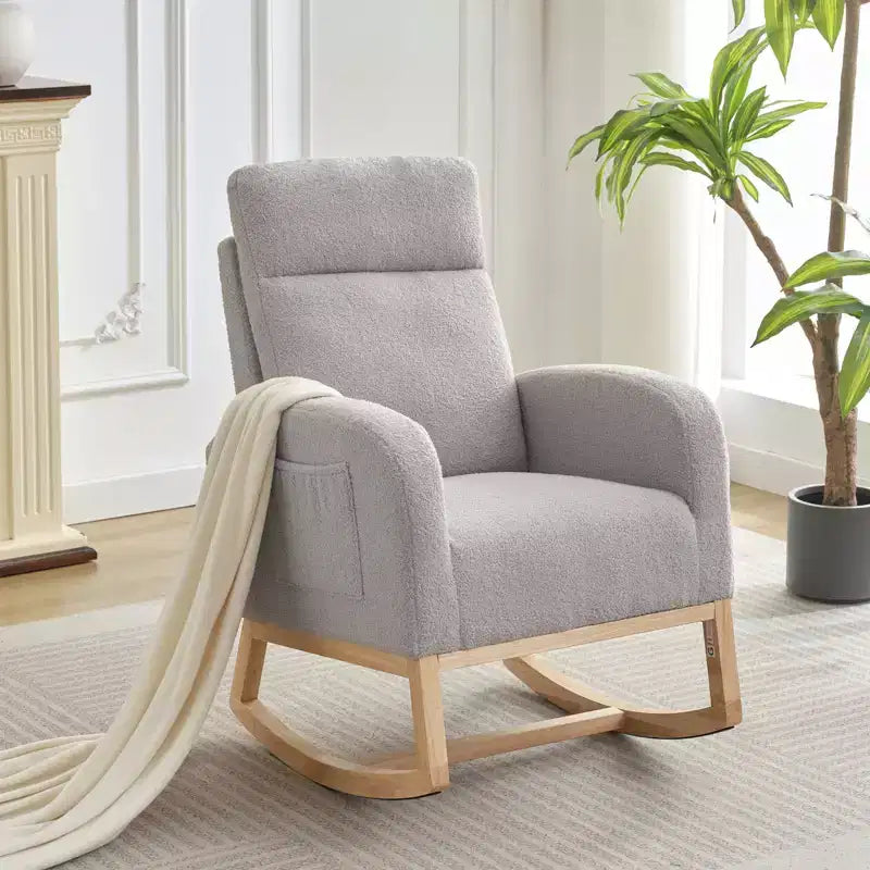Upholstered Glider Rocker Chair with High Backrest & Wooden Legs, Comfy Nursery Rocking Accent Chair with Side Pocket for Living Room