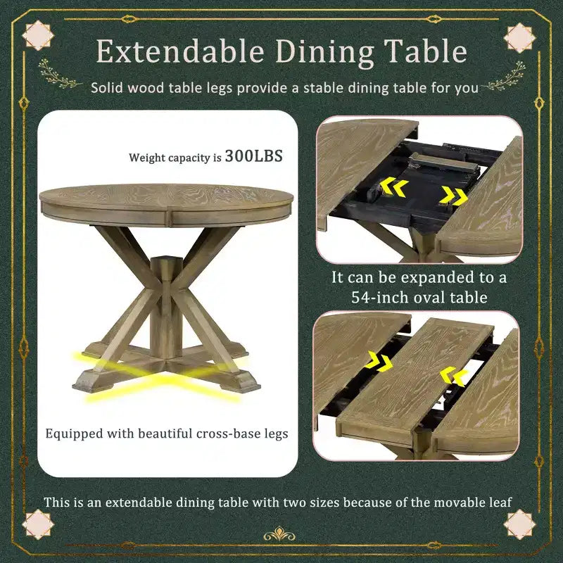 54-Inch Retro Extendable Dining Table with 12-Inch Leaf
