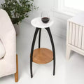 Table d'appoint en métal trépied de 62,2 cm avec plateau rond en marbre blanc et étagère inférieure en bois