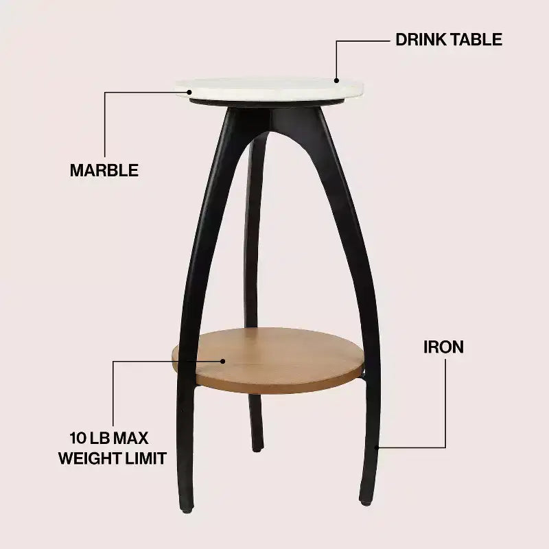 24.5" Metal Tripod Drink Table & Decorative End Table with White Marble Round Top & Wood Undershelf