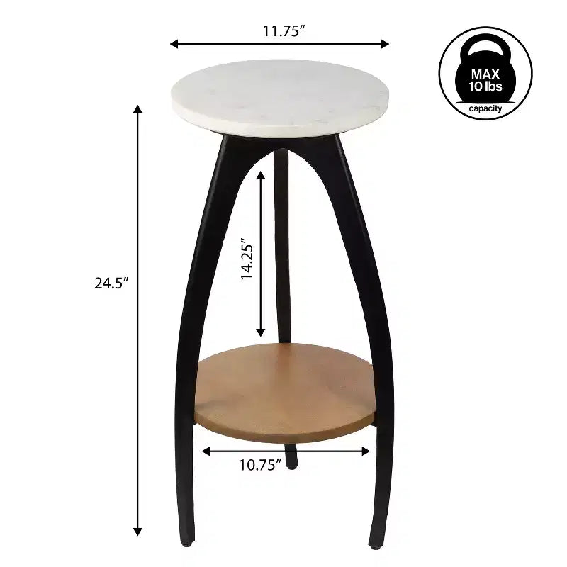 24.5" Metal Tripod Drink Table & Decorative End Table with White Marble Round Top & Wood Undershelf