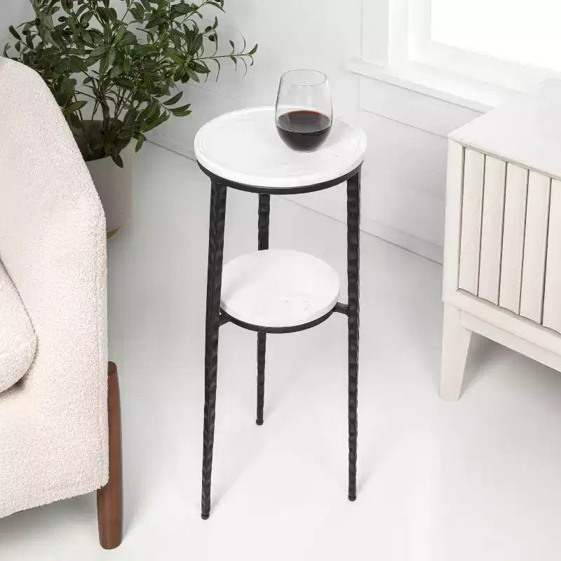24.75" Industrial 2-Tier Metal Frame Drink & Decorative End Table with White Marble Round Top