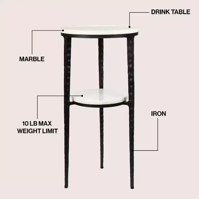 24.75" Industrial 2-Tier Metal Frame Drink & Decorative End Table with White Marble Round Top