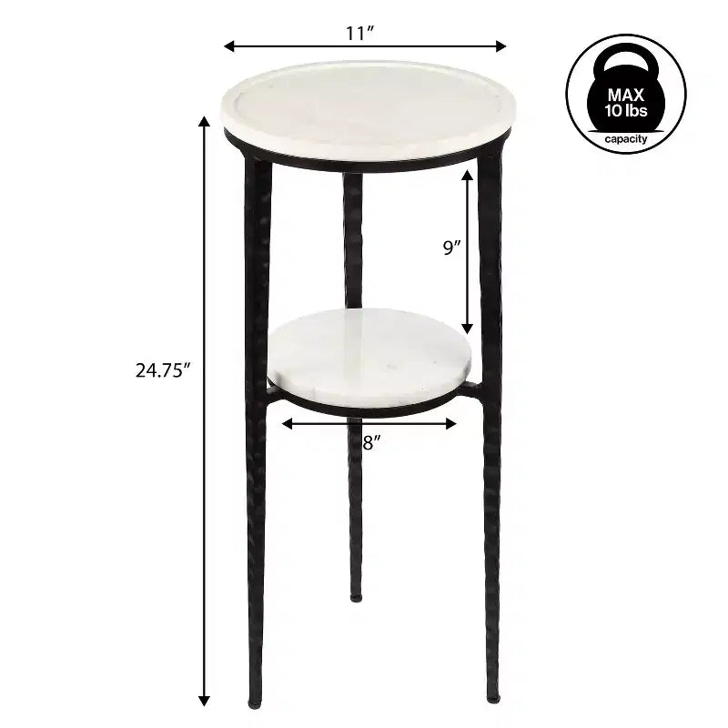 24.75" Industrial 2-Tier Metal Frame Drink & Decorative End Table with White Marble Round Top