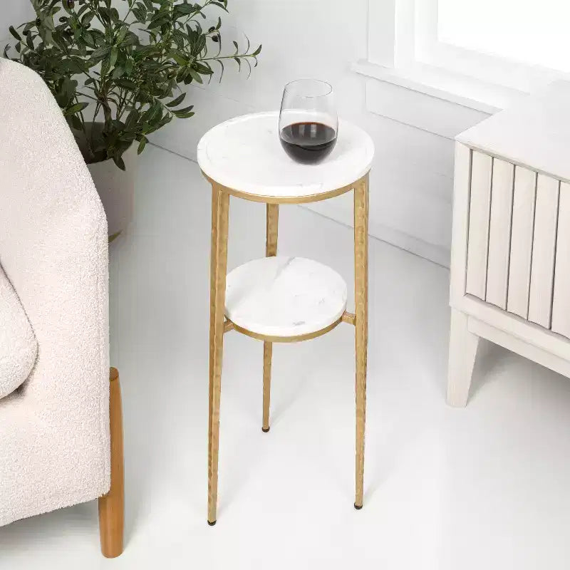 24.75" Industrial 2-Tier Metal Frame Drink & Decorative End Table with White Marble Round Top