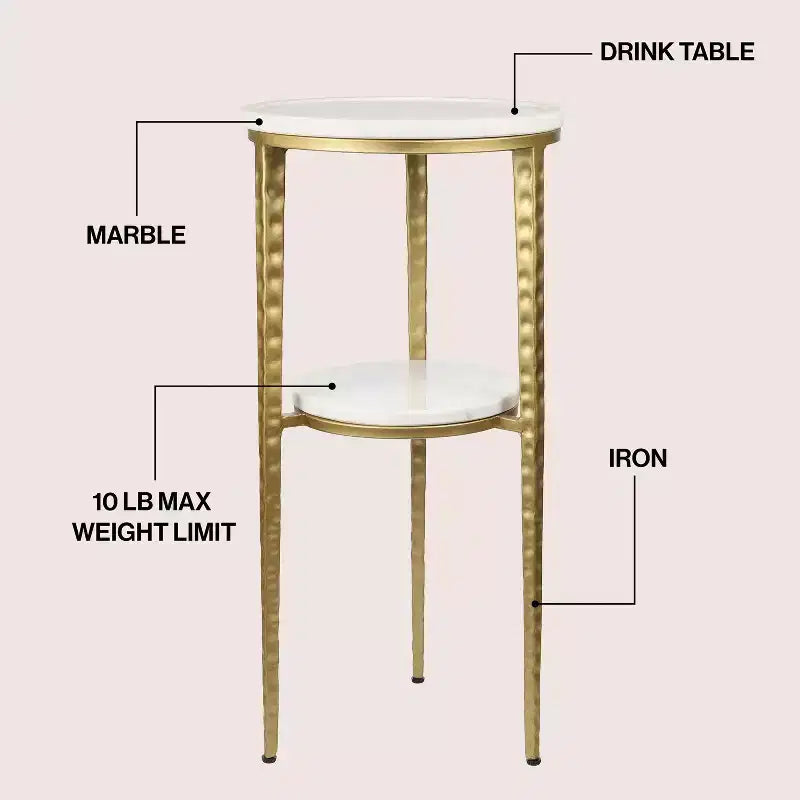 24.75" Industrial 2-Tier Metal Frame Drink & Decorative End Table with White Marble Round Top