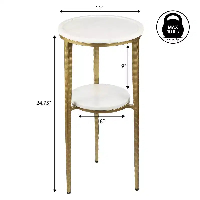 24.75" Industrial 2-Tier Metal Frame Drink & Decorative End Table with White Marble Round Top