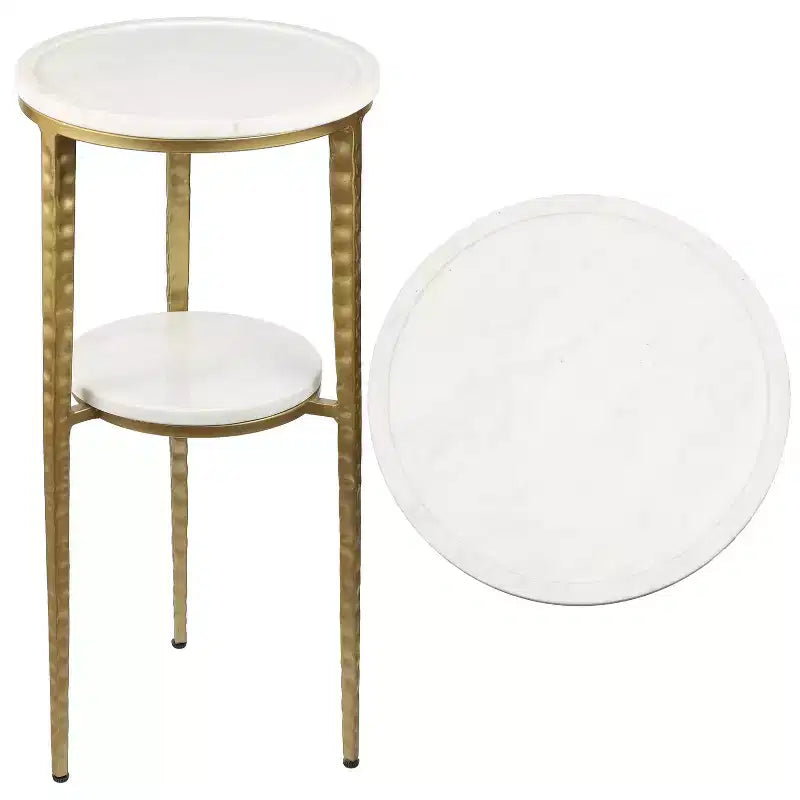 24.75" Industrial 2-Tier Metal Frame Drink & Decorative End Table with White Marble Round Top