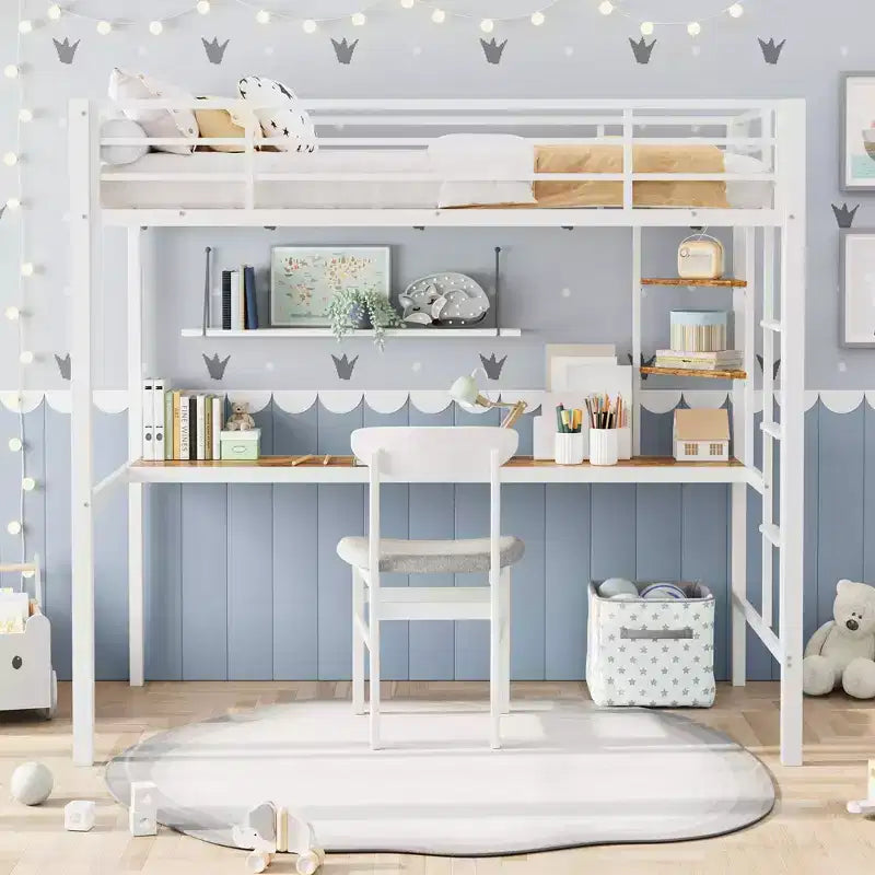 Loft Bed Twin Size with Large Desk and 2-Tier Storage Shelves, Heavy Duty Metal Loft Bed with Ladder and Guardrail for Kids and Adults