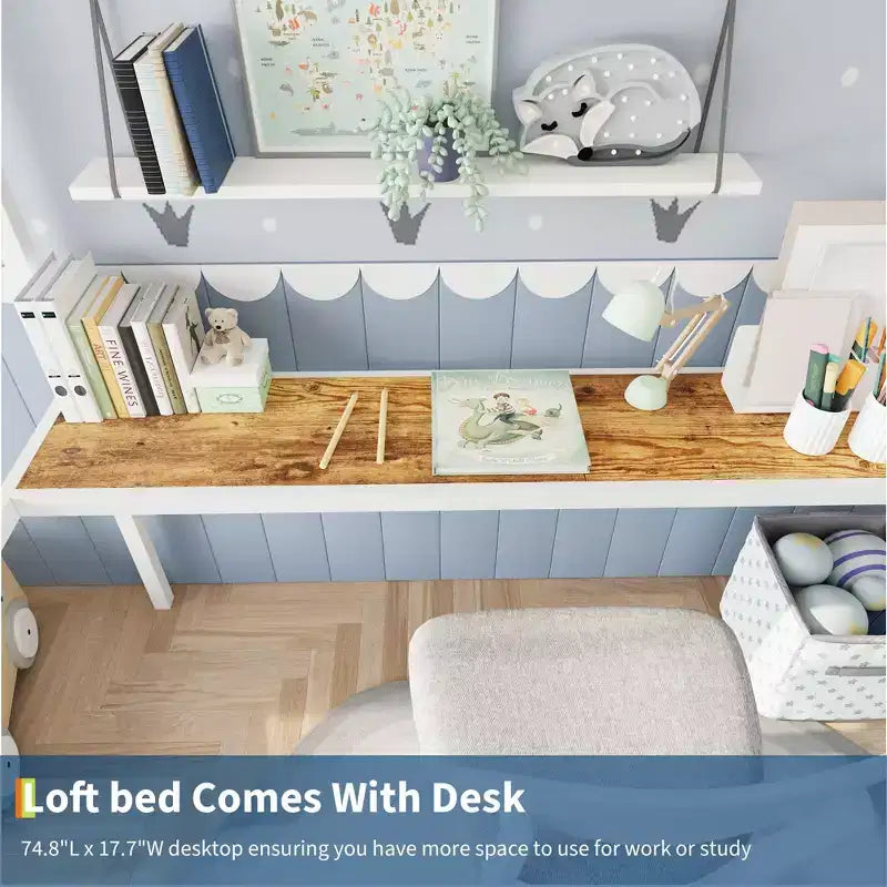 Loft Bed Twin Size with Large Desk and 2-Tier Storage Shelves, Heavy Duty Metal Loft Bed with Ladder and Guardrail for Kids and Adults