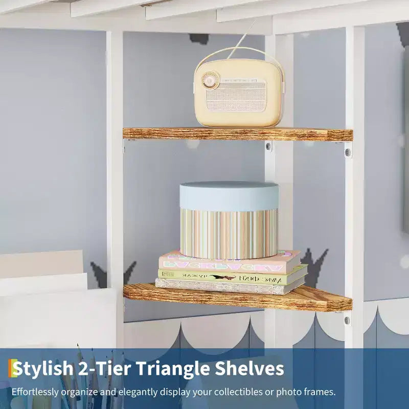 Loft Bed Twin Size with Large Desk and 2-Tier Storage Shelves, Heavy Duty Metal Loft Bed with Ladder and Guardrail for Kids and Adults