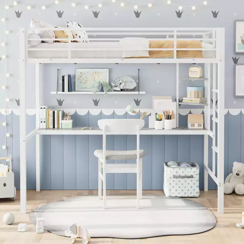 Loft Bed Twin Size with Large Desk and 2-Tier Storage Shelves, Heavy Duty Metal Loft Bed with Ladder and Guardrail for Kids and Adults