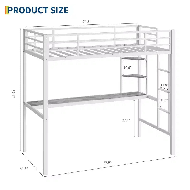 Loft Bed Twin Size with Large Desk and 2-Tier Storage Shelves, Heavy Duty Metal Loft Bed with Ladder and Guardrail for Kids and Adults