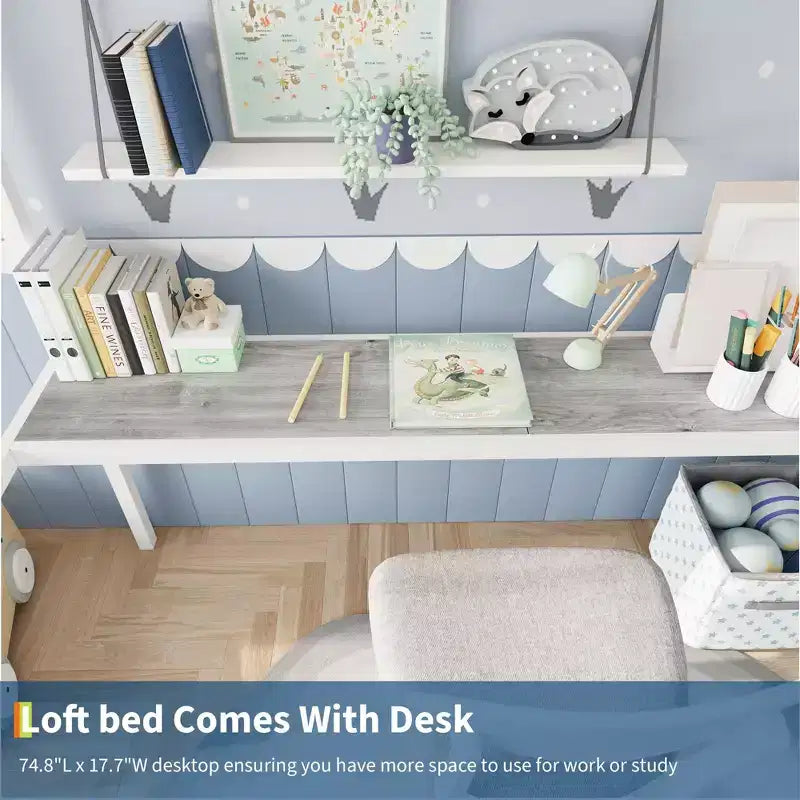 Loft Bed Twin Size with Large Desk and 2-Tier Storage Shelves, Heavy Duty Metal Loft Bed with Ladder and Guardrail for Kids and Adults