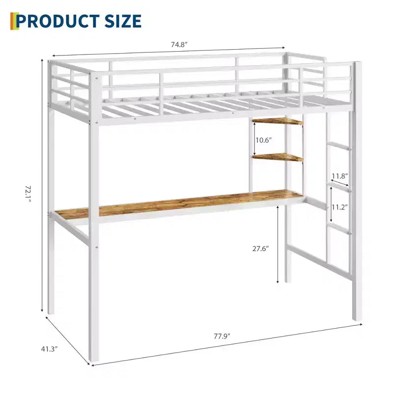 Loft Bed Twin Size with Large Desk and 2-Tier Storage Shelves, Heavy Duty Metal Loft Bed with Ladder and Guardrail for Kids and Adults