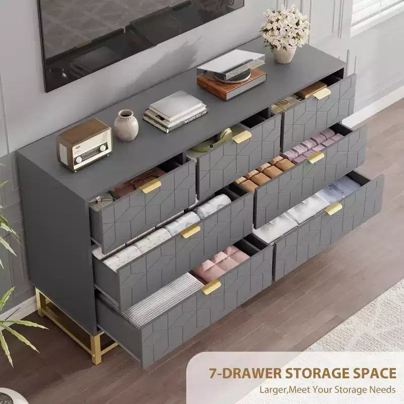 Dresser for Bedroom, 7 Drawer with Golden Metal Handle and Legs, Modern Chest of Drawers for Closet