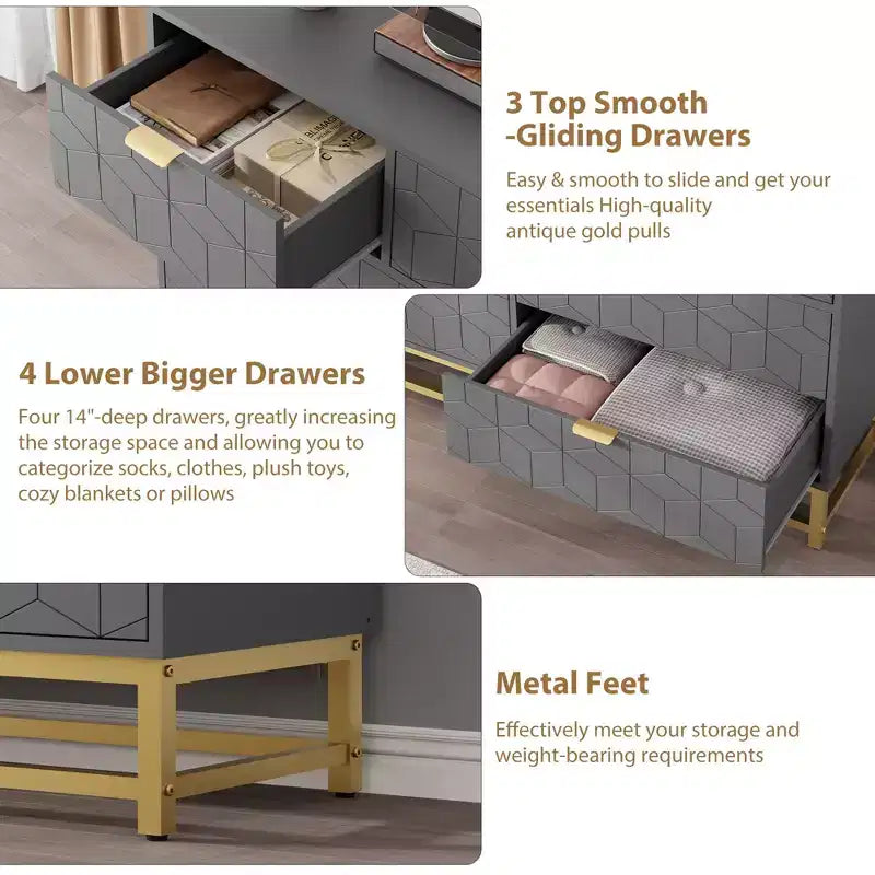 Dresser for Bedroom, 7 Drawer with Golden Metal Handle and Legs, Modern Chest of Drawers for Closet