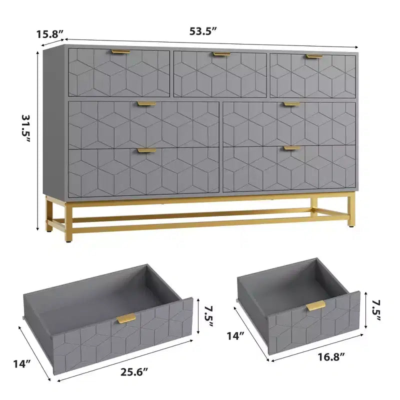 Dresser for Bedroom, 7 Drawer with Golden Metal Handle and Legs, Modern Chest of Drawers for Closet