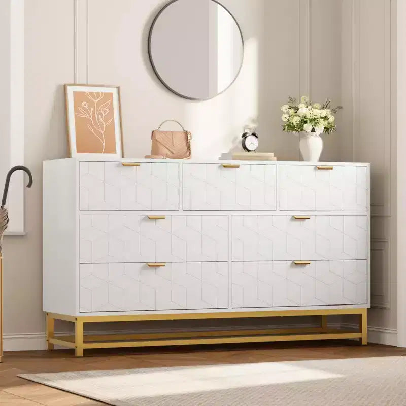 Dresser for Bedroom, 7 Drawer with Golden Metal Handle and Legs, Modern Chest of Drawers for Closet