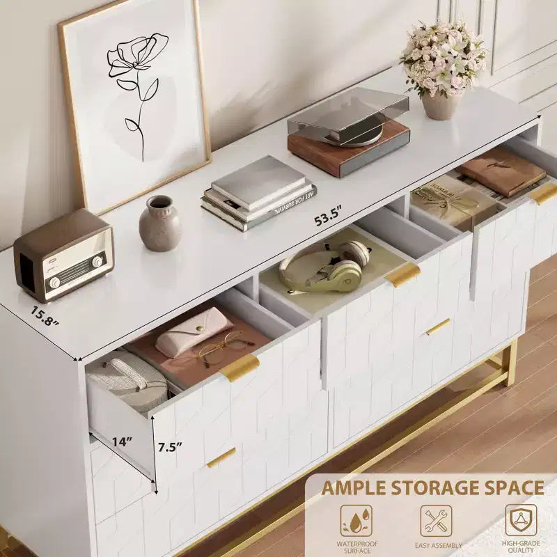 Dresser for Bedroom, 7 Drawer with Golden Metal Handle and Legs, Modern Chest of Drawers for Closet