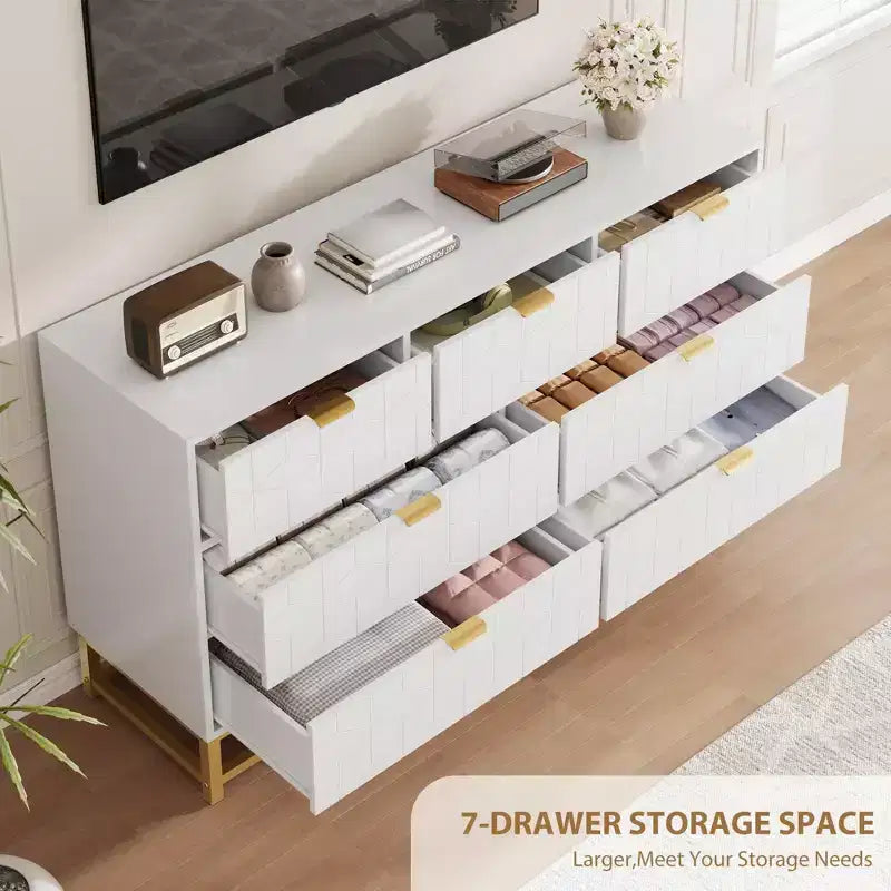 Dresser for Bedroom, 7 Drawer with Golden Metal Handle and Legs, Modern Chest of Drawers for Closet