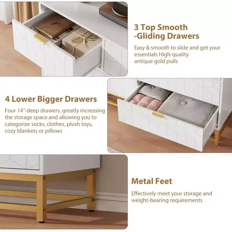 Dresser for Bedroom, 7 Drawer with Golden Metal Handle and Legs, Modern Chest of Drawers for Closet