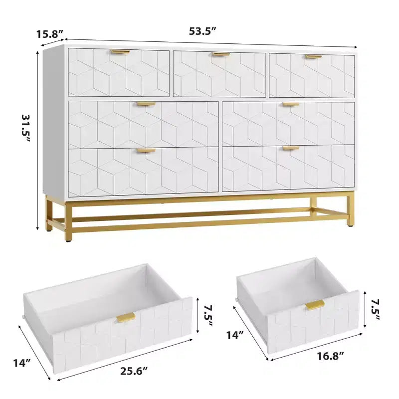 Dresser for Bedroom, 7 Drawer with Golden Metal Handle and Legs, Modern Chest of Drawers for Closet