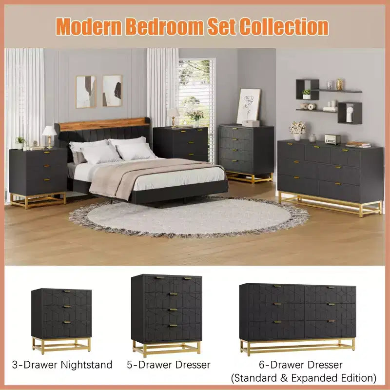Dresser for Bedroom, 7 Drawer with Golden Metal Handle and Legs, Modern Chest of Drawers for Closet