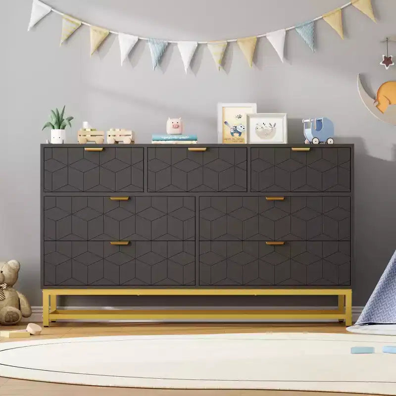 Dresser for Bedroom, 7 Drawer with Golden Metal Handle and Legs, Modern Chest of Drawers for Closet
