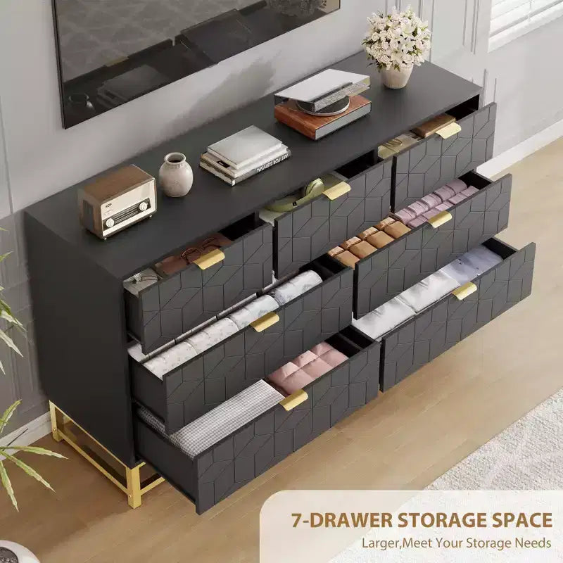 Dresser for Bedroom, 7 Drawer with Golden Metal Handle and Legs, Modern Chest of Drawers for Closet
