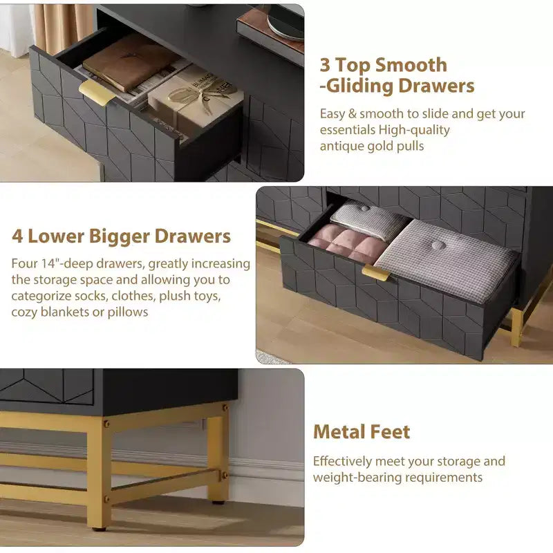 Dresser for Bedroom, 7 Drawer with Golden Metal Handle and Legs, Modern Chest of Drawers for Closet