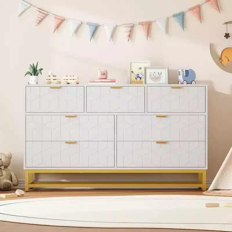 Dresser for Bedroom, 7 Drawer with Golden Metal Handle and Legs, Modern Chest of Drawers for Closet