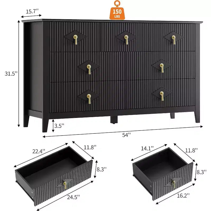 Dresser for Bedroom with 7 Drawers, 54 Wide Modern Chest of Drawers with Metal Handle, Dresser TV Stand, Wood Drawer Organizer for Bedroom