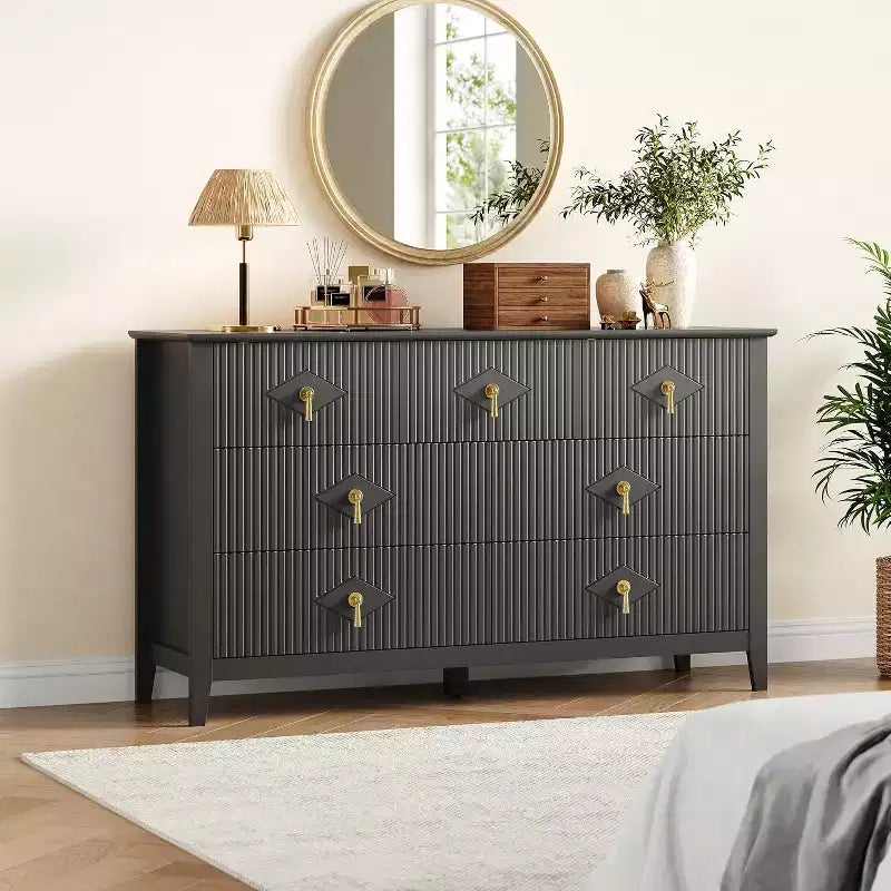 Dresser for Bedroom with 7 Drawers, 54 Wide Modern Chest of Drawers with Metal Handle, Dresser TV Stand, Wood Drawer Organizer for Bedroom