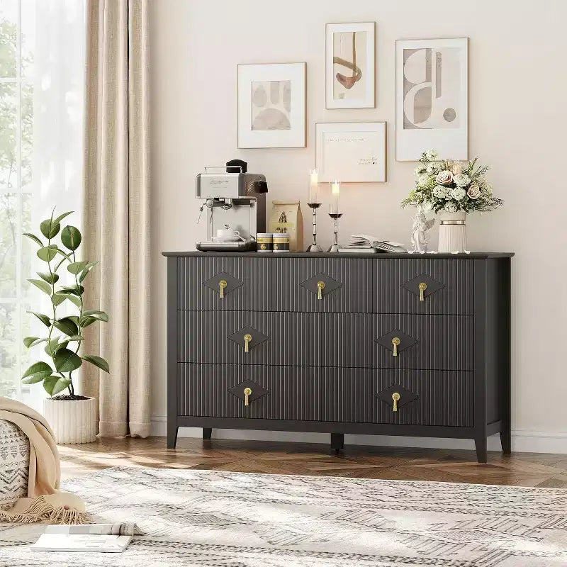 Dresser for Bedroom with 7 Drawers, 54 Wide Modern Chest of Drawers with Metal Handle, Dresser TV Stand, Wood Drawer Organizer for Bedroom