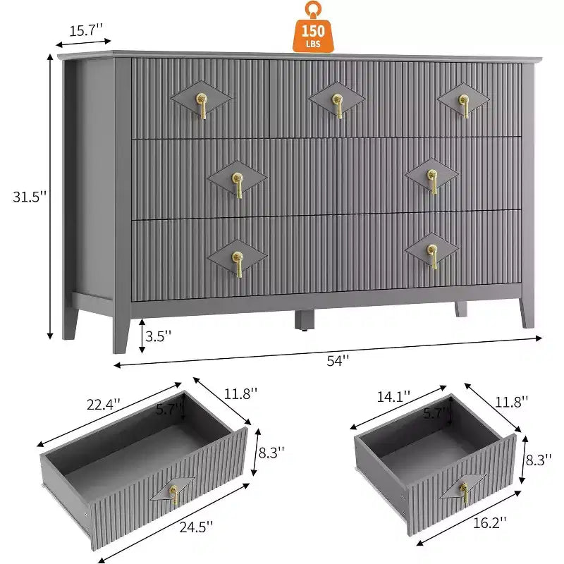 Dresser for Bedroom with 7 Drawers, 54 Wide Modern Chest of Drawers with Metal Handle, Dresser TV Stand, Wood Drawer Organizer for Bedroom