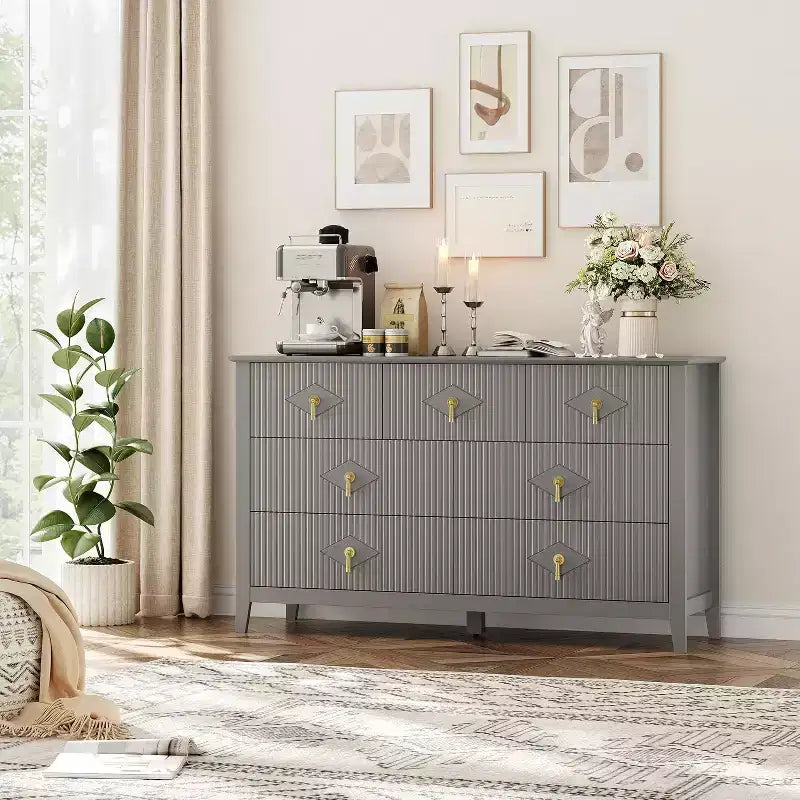 Dresser for Bedroom with 7 Drawers, 54 Wide Modern Chest of Drawers with Metal Handle, Dresser TV Stand, Wood Drawer Organizer for Bedroom