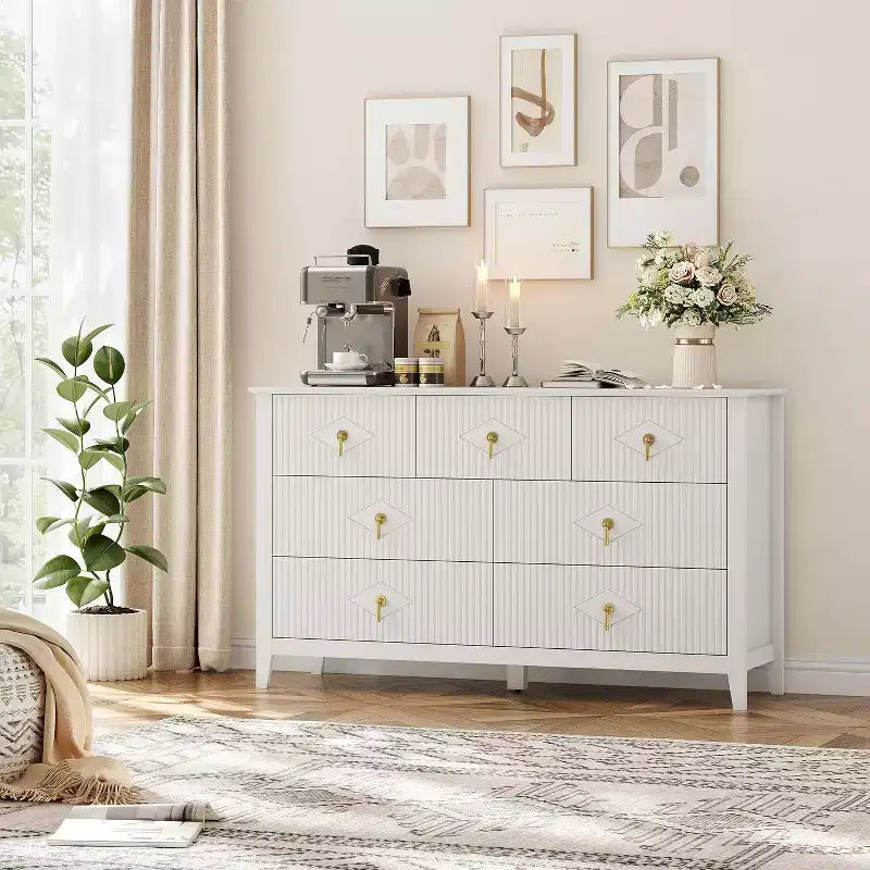 Dresser for Bedroom with 7 Drawers, 54 Wide Modern Chest of Drawers with Metal Handle, Dresser TV Stand, Wood Drawer Organizer for Bedroom