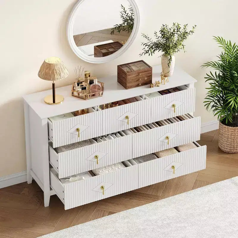 Dresser for Bedroom with 7 Drawers, 54 Wide Modern Chest of Drawers with Metal Handle, Dresser TV Stand, Wood Drawer Organizer for Bedroom