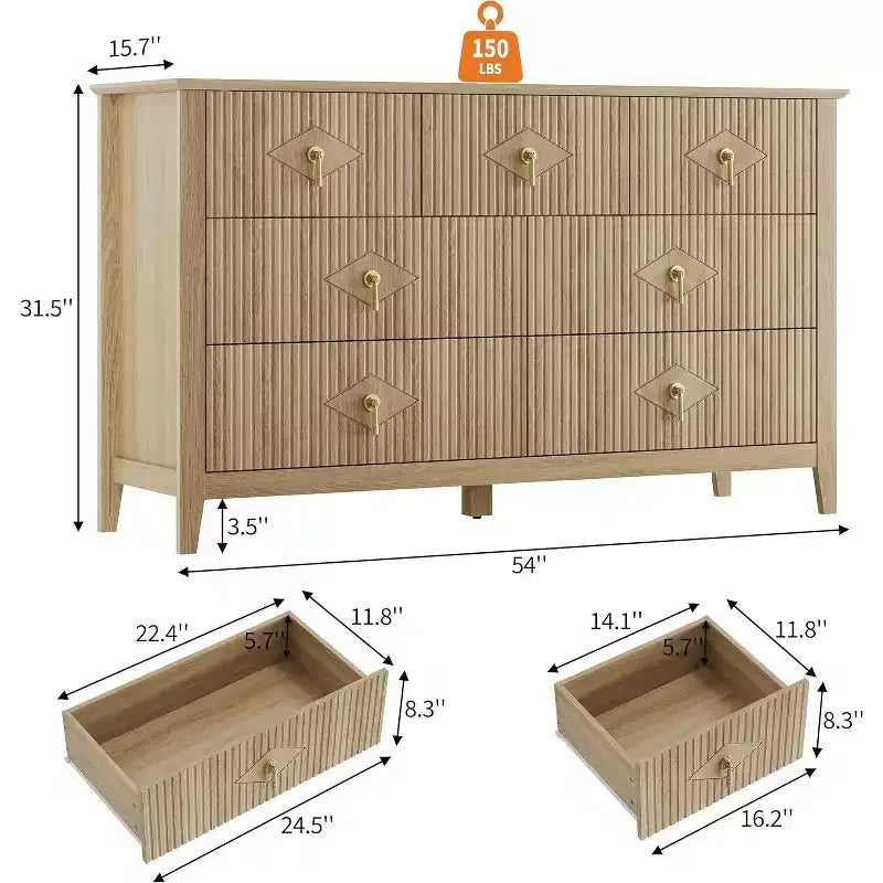 Dresser for Bedroom with 7 Drawers, 54 Wide Modern Chest of Drawers with Metal Handle, Dresser TV Stand, Wood Drawer Organizer for Bedroom