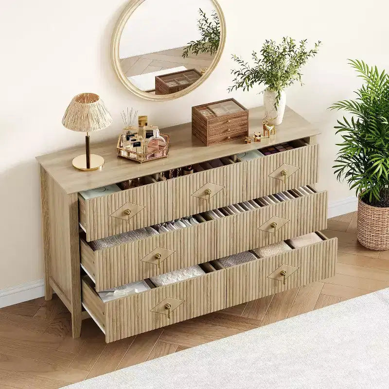 Dresser for Bedroom with 7 Drawers, 54 Wide Modern Chest of Drawers with Metal Handle, Dresser TV Stand, Wood Drawer Organizer for Bedroom