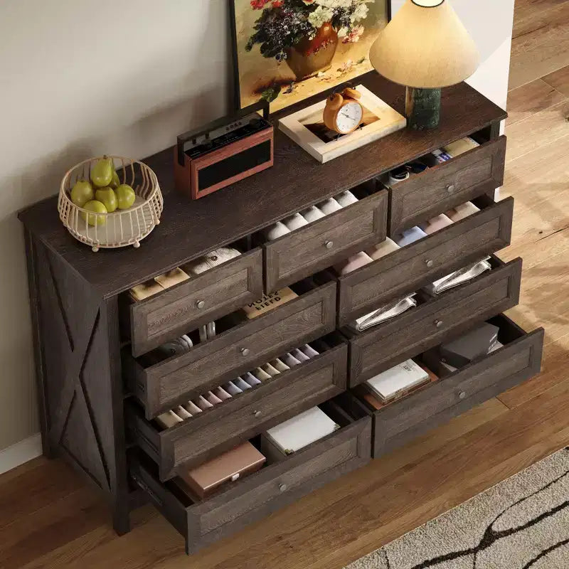 9-Drawer Rustic Bedroom Dresser with Silver Handle – Minimalist Wooden Chest of Drawers for Bedroom & Entryway
