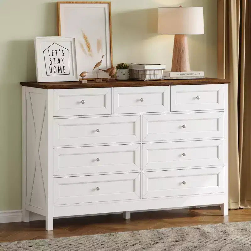 9-Drawer Rustic Bedroom Dresser with Silver Handle – Minimalist Wooden Chest of Drawers for Bedroom & Entryway