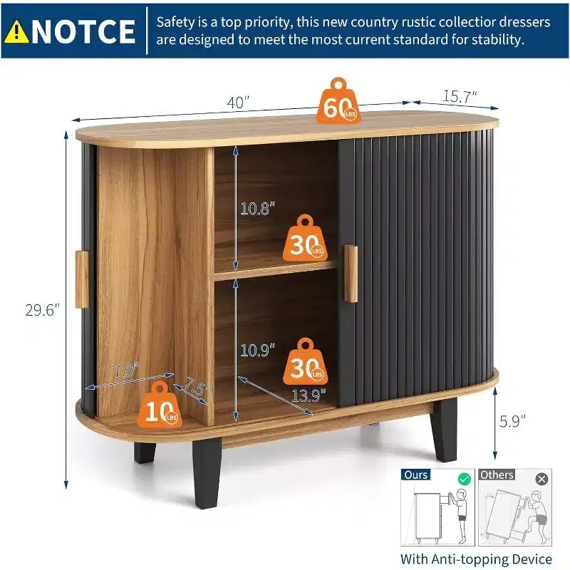 Fluted Sideboard with Sliding Door & Adjustable Shelf