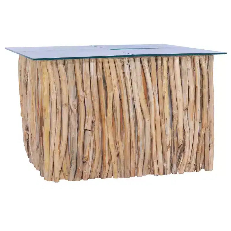 Solid Teak Wood Coffee Table – Handcrafted Square Living Room Table with Glass Top, 26x26x15.7" Brown