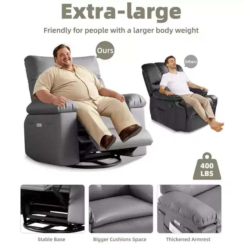 27" Oversized Recliner Chair 360 Swivel Rocker with Heat & Massage