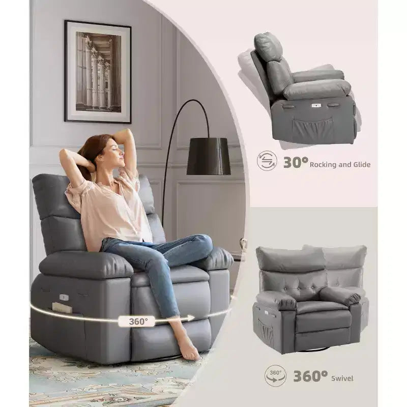 27" Oversized Recliner Chair 360 Swivel Rocker with Heat & Massage