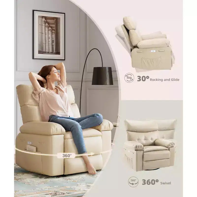 27" Oversized Recliner Chair 360 Swivel Rocker with Heat & Massage